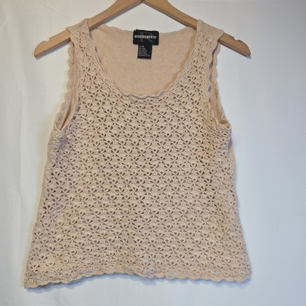Requirements Crochet Knit Tank Top Womens‎ Medium Beige Open Weave Cotton Ramie